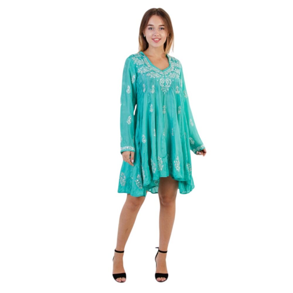 Juliet Dunn Teal Embroidered Long-Sleeve Mini Dress